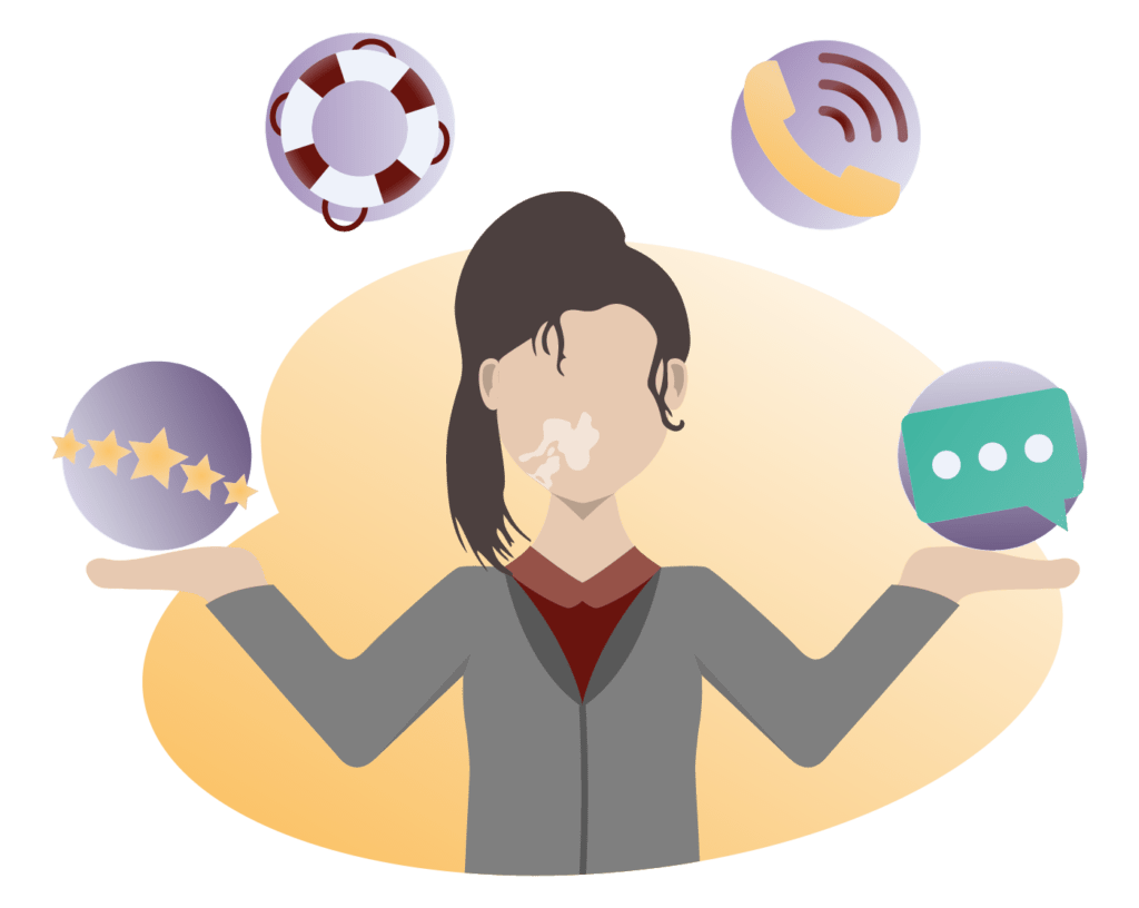 Illustration of a feminine person with long brown hair tied in a ponytail who had vitiligo and is wearing a grey suit with a red shirt and juggling customer service tasks