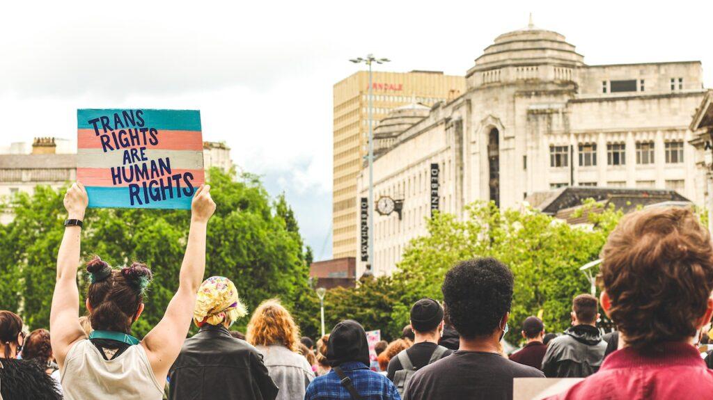 Photo of a group of people doing a march. One person is holding a sign that says "Trans rights are human rights". Including pronouns on emails helps trans rights.