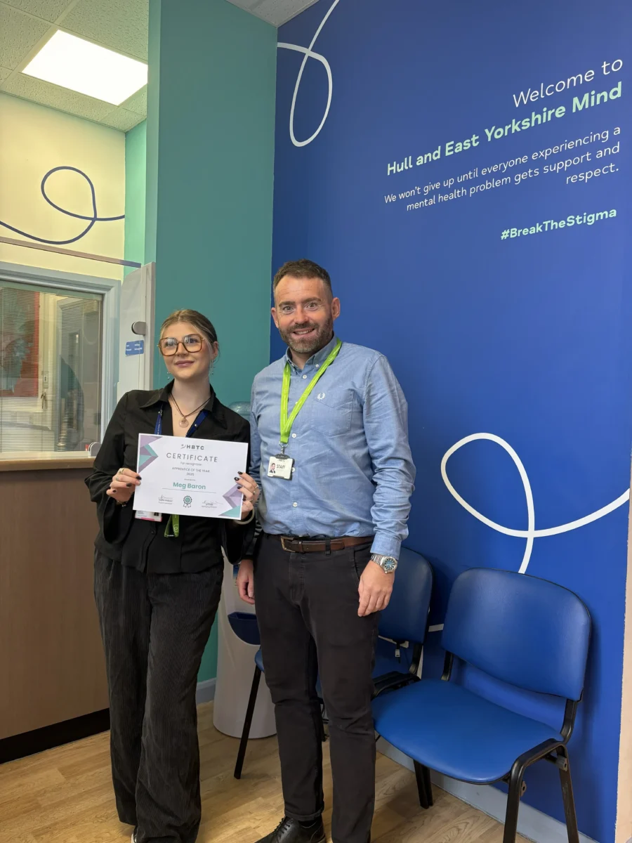 Meg Baron, HBTC Apprentice of the Year 2025 from HEY Mind, with Chris Dolman